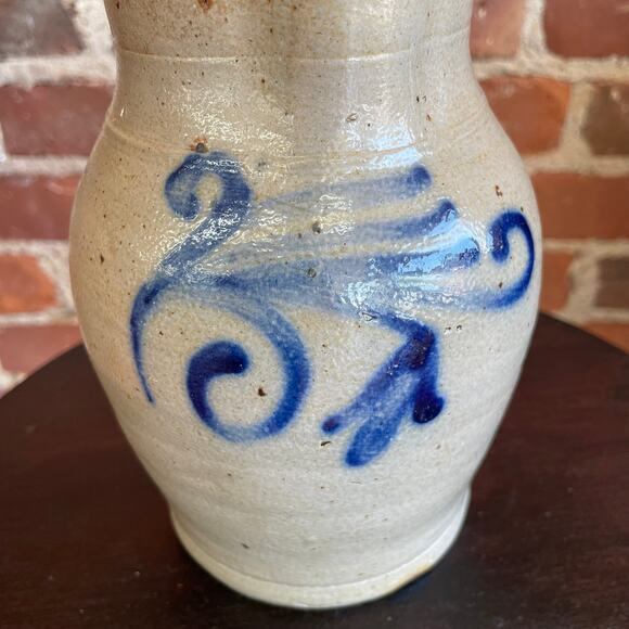 Antique Stoneware Pitcher with Blue Cobalt Decoration, 7” Tall - Picture 2 of 7
